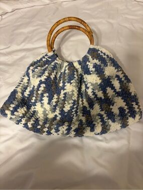 Handmade Crochet Chenille Handbag Blue White Bamboo Handle Boho Purse